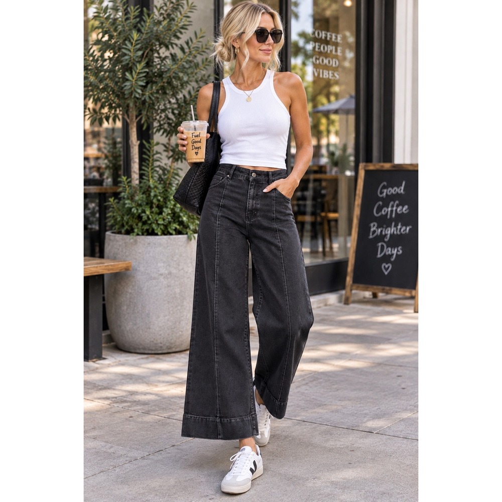 ZARA Womens 4 Black Wide Leg Jeans High Rise Front Seam Cropped Cuff Denim